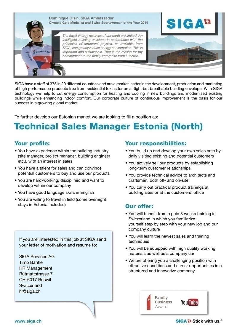 SIGA Cover AG Technical Sales Manager Estonia