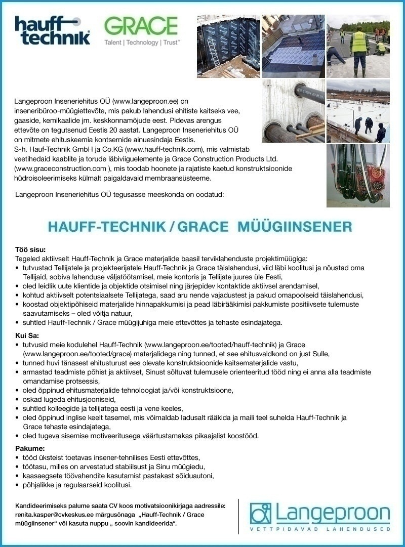 CV KESKUS OÜ Langeproon Inseneriehitus OÜ otsib HAUFF-TECHNIK/GRACE müügiinseneri
