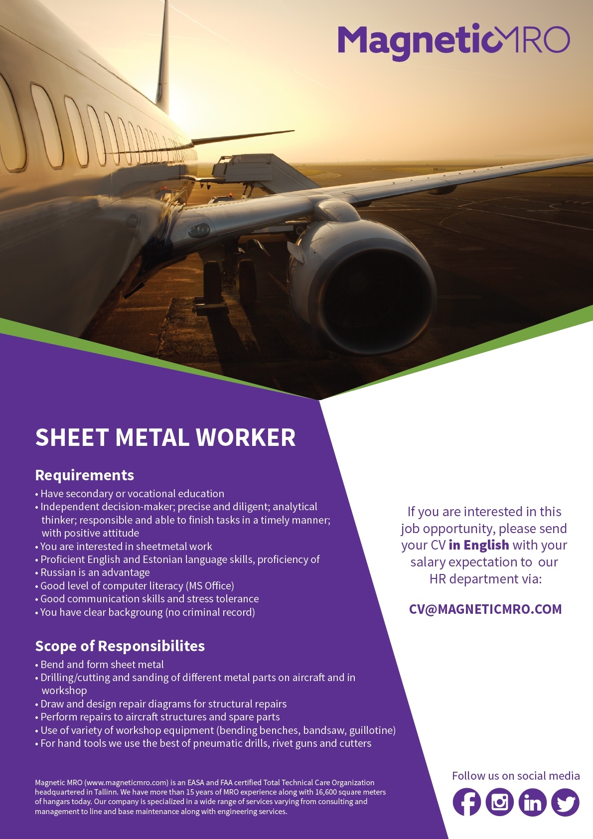 Magnetic MRO AS Sheet Metal Worker / Lehtmetalli spetsialist