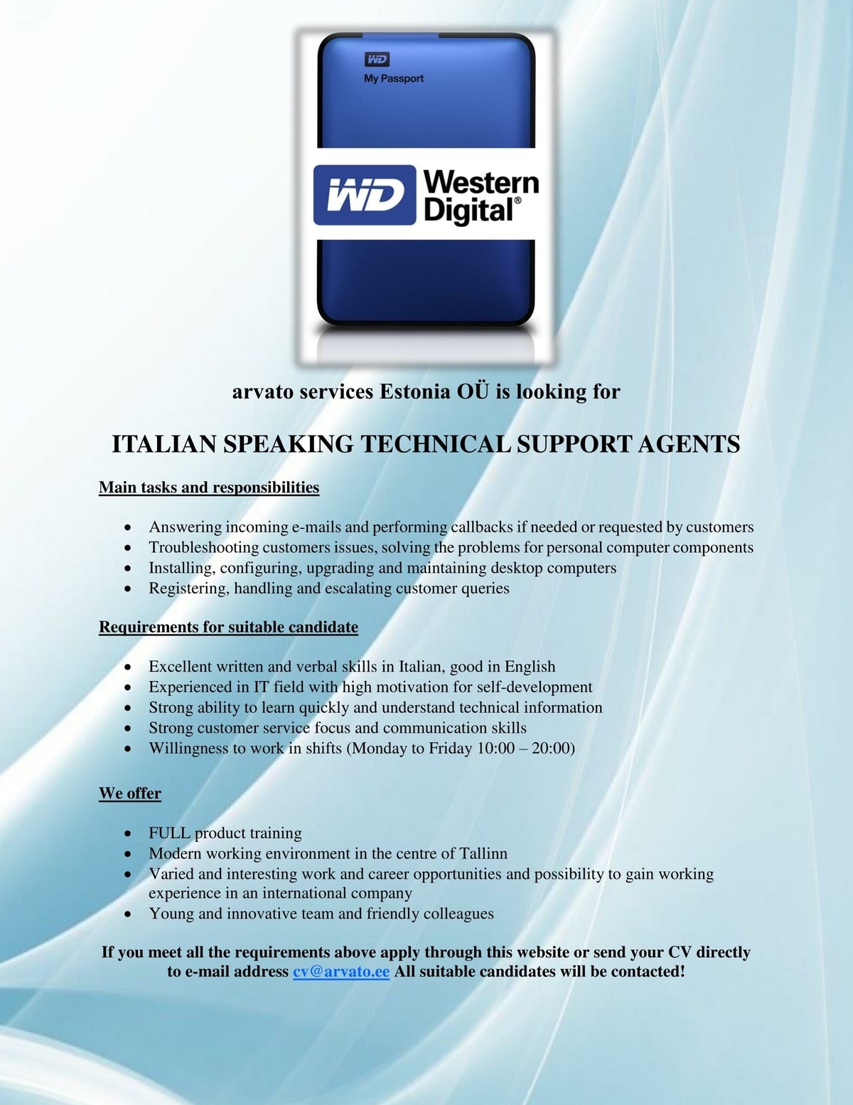 Arvato Services Estonia OÜ Italian Speaking Technical Support Agent with IT skills