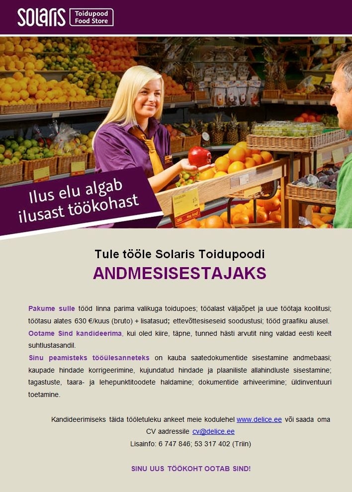 Abc Supermarkets AS ANDMESISESTAJA Solaris Toidupoodi