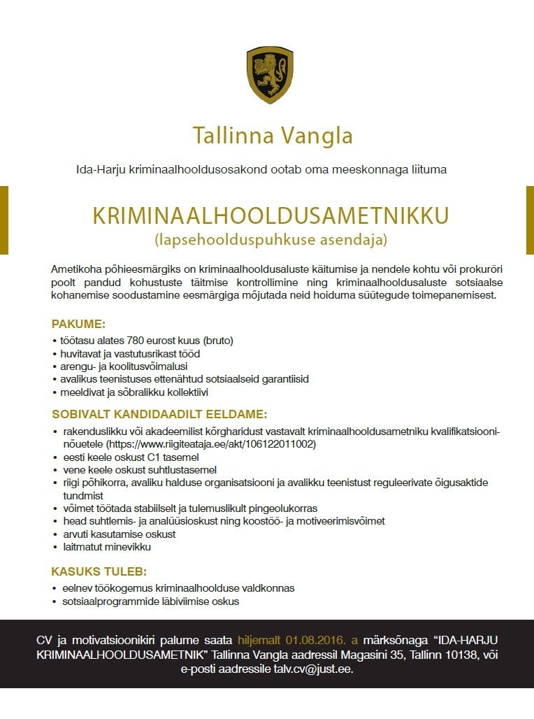 Tallinna Vangla Kriminaalhooldusametnik (asenduskoht)