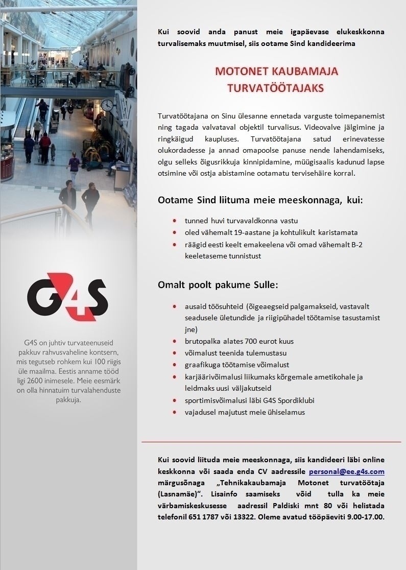AS G4S Eesti Tehnikakaubamaja Motonet turvatöötaja (Lasnamäe)