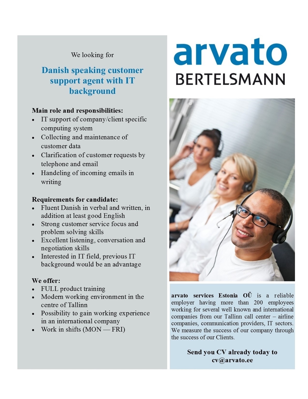 Arvato Services Estonia OÜ Danish speaking Customer Support Agent with IT background
