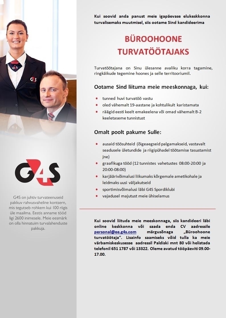 AS G4S Eesti  Büroohoone turvatöötaja (Tallinn)