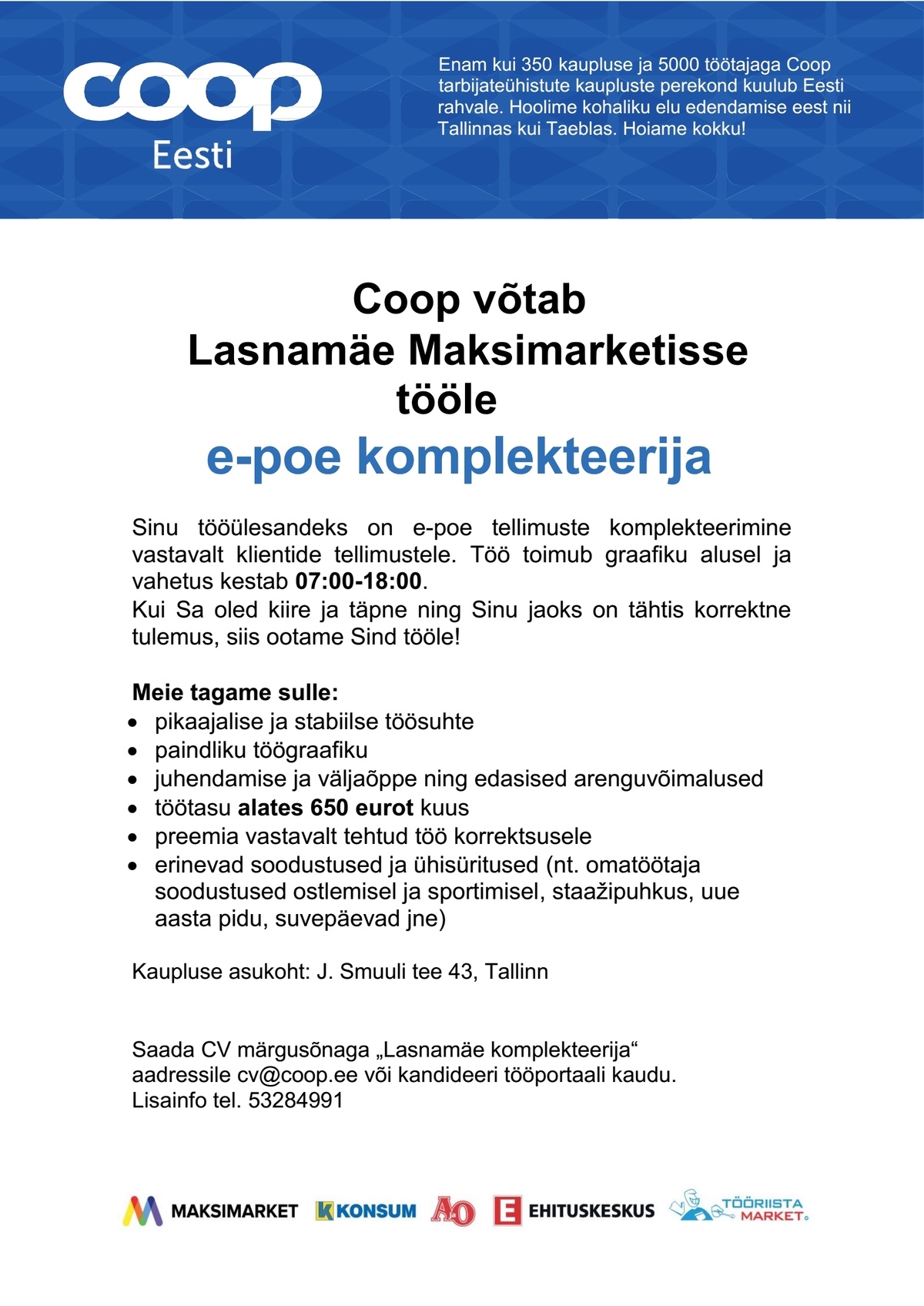 Coop Kaubanduse AS Komplekteerija e-poes (Lasnamäe Maksimarket)
