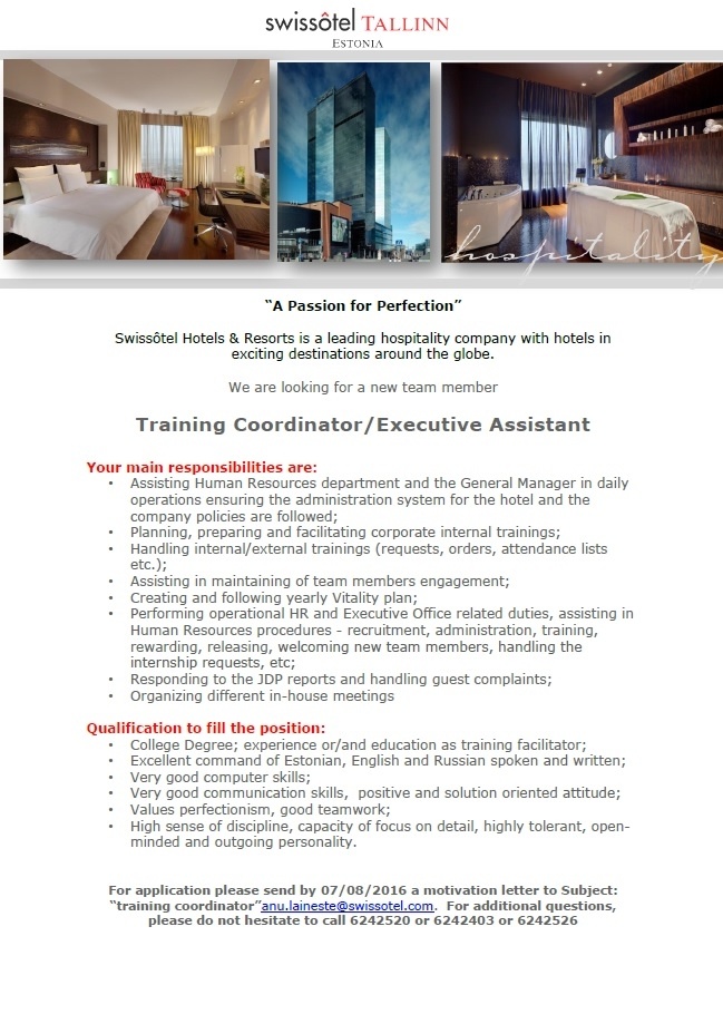 SWISSOTEL ESTONIA OÜ Training Coordinator / Executive Assistant