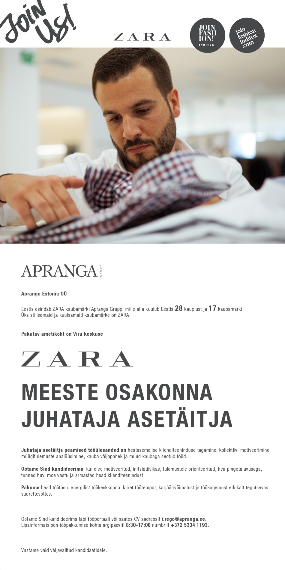Apranga Estonia OÜ ZARA meeste osakonna juhataja asetäitja