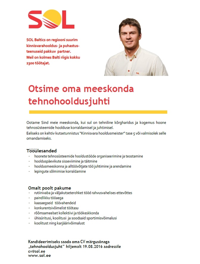 SOL Baltics OÜ Tehnohooldusjuht