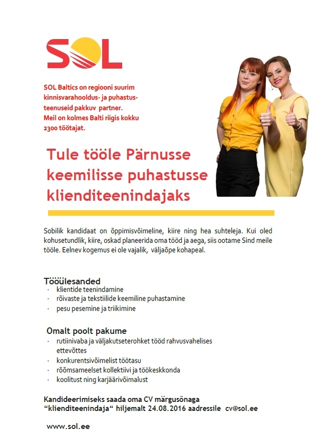 SOL Baltics OÜ Keemilise puhastuse klienditeenindaja (Pärnu)