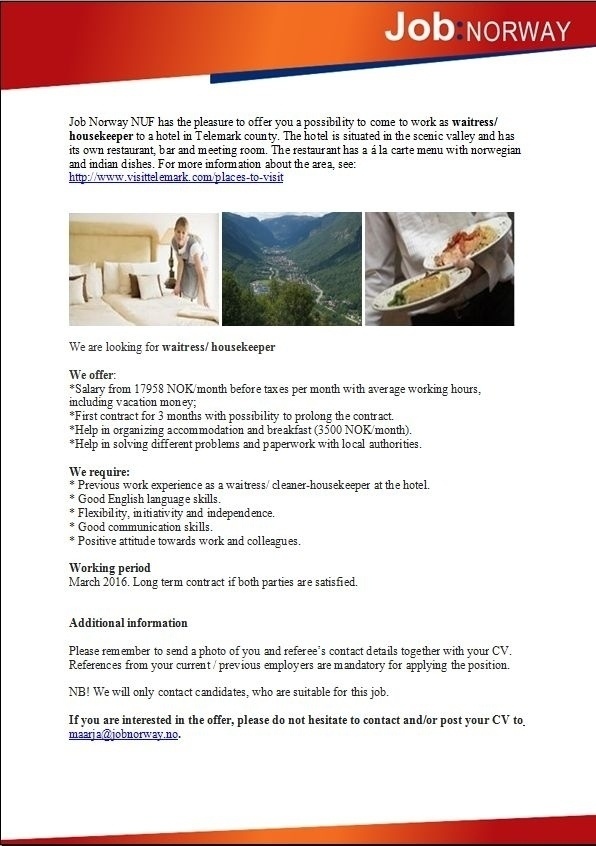 Job Norway NUF Housekeeper/ waitress at a hotel in Norway