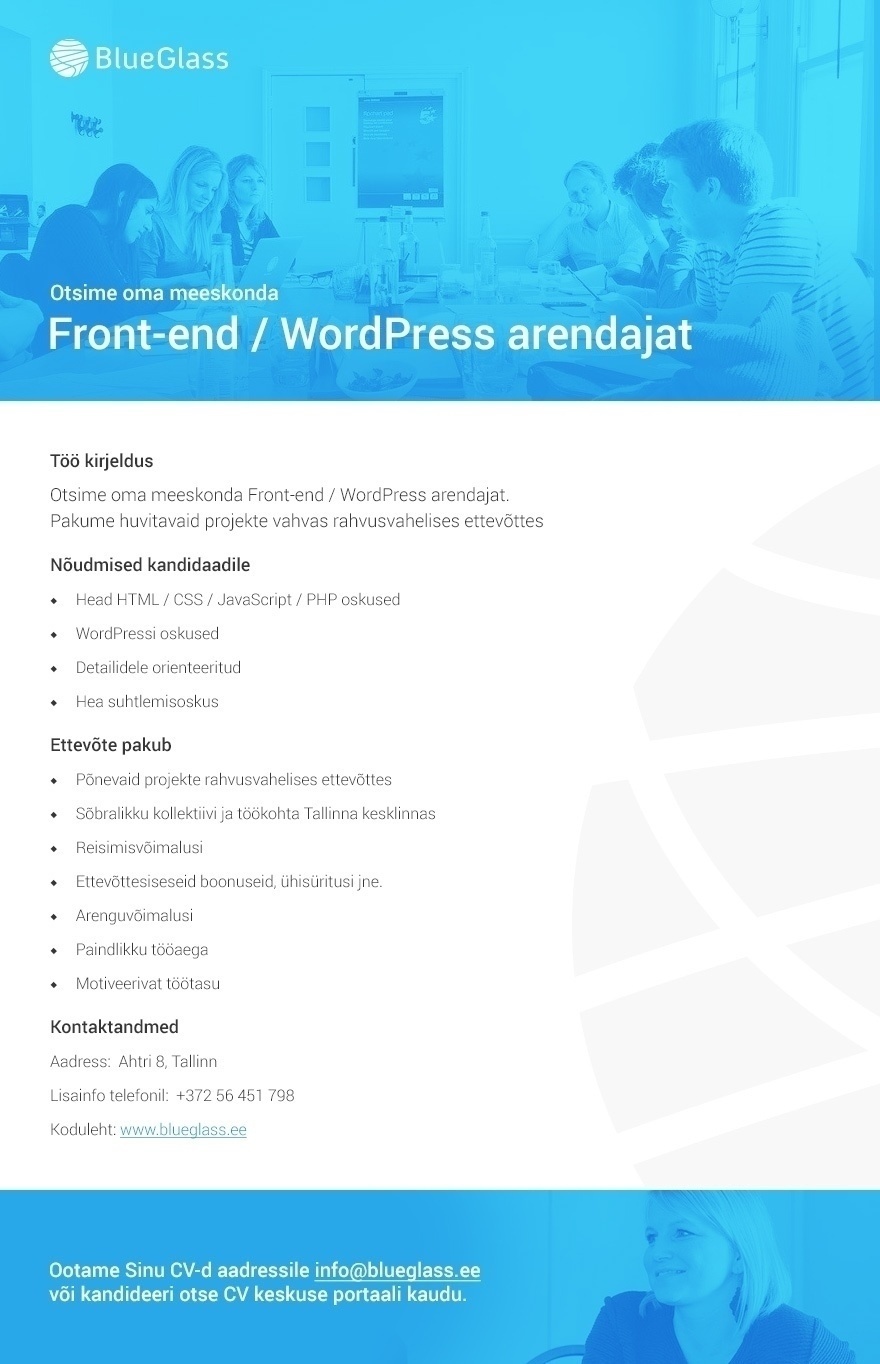 BlueGlass Interactive OÜ 	 Front-end / WordPress Arendaja