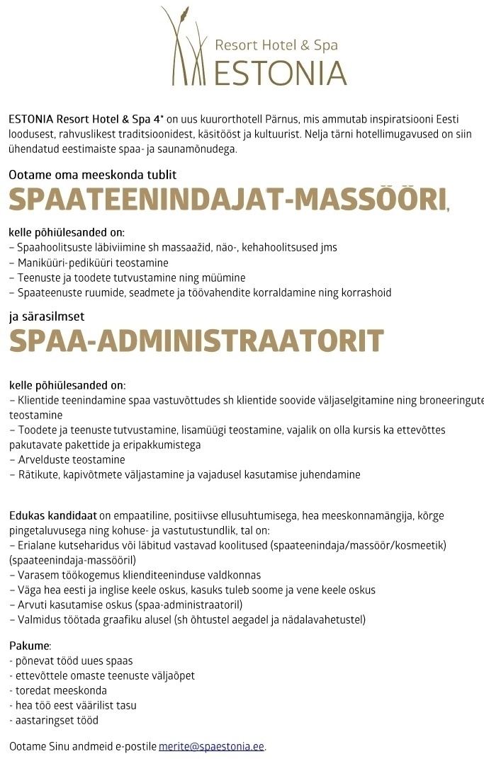 Estonia Spa Hotels AS Spaateenindaja-massöör, spaa-administraator