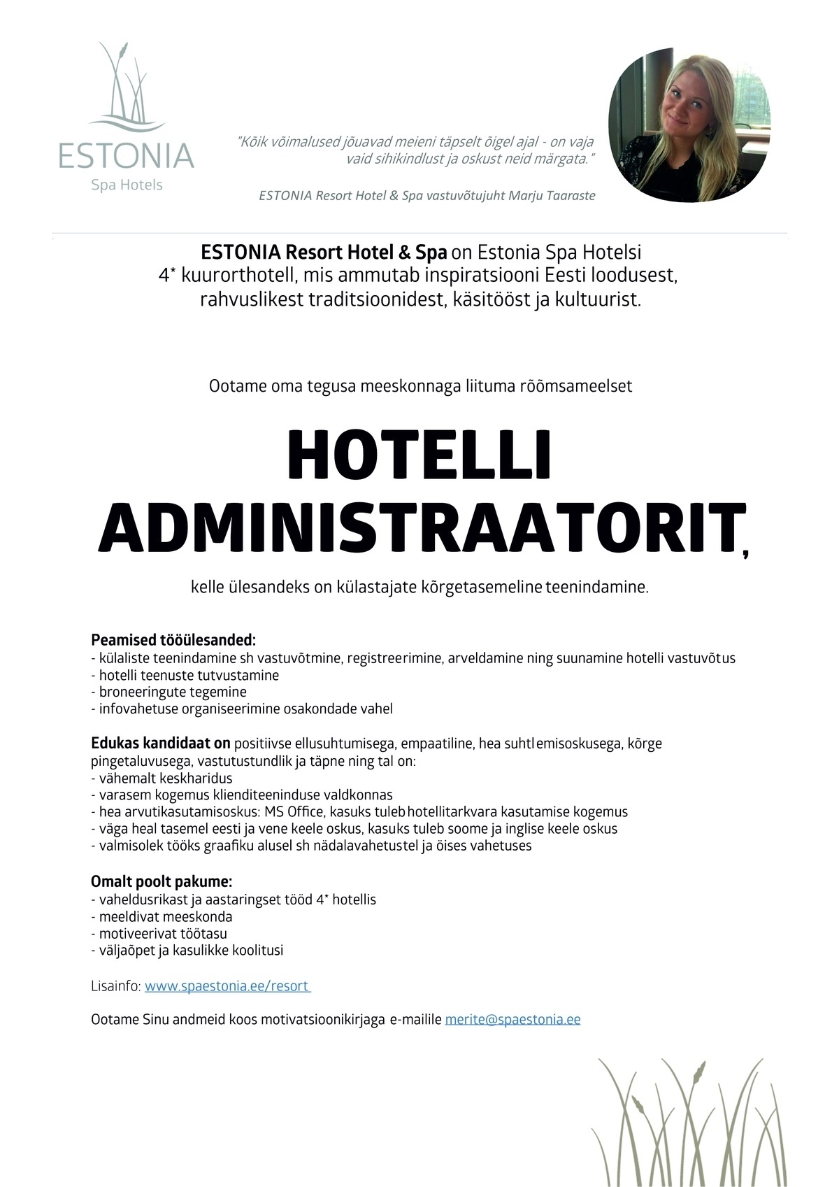 Estonia Spa Hotels AS Hotelli administraator