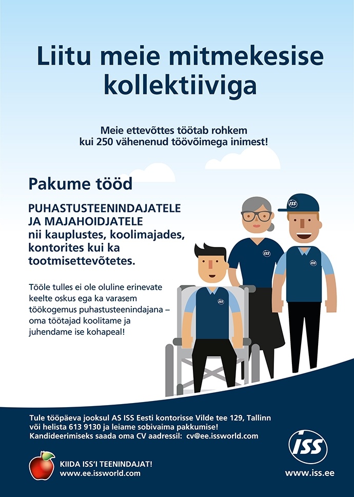 ISS Eesti AS Meil on mitmeid töökohti vähenenud töövõimega inimestele!