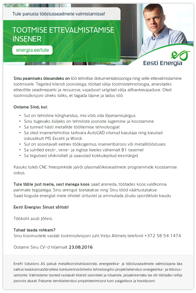 Eesti Energia AS TOOTMISE ETTEVALMISTUSINSENER