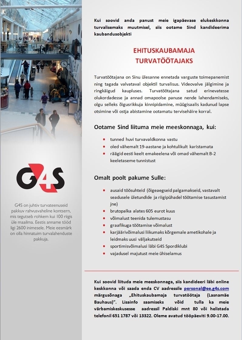 AS G4S Eesti Ehituskaubamaja turvatöötaja (Lasnamäe)