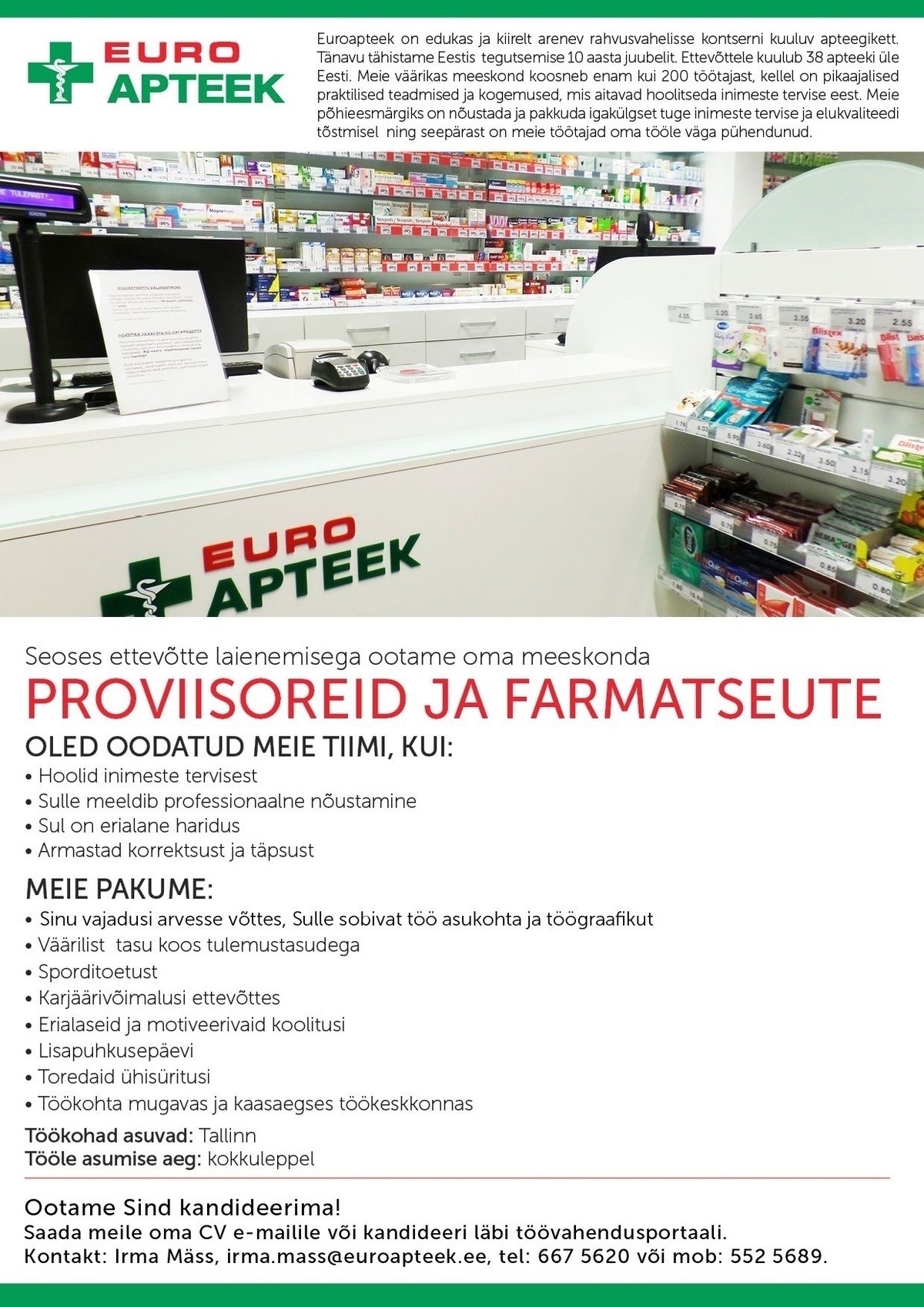Euroapteek OÜ Tähelepanu proviisor ja farmatseut