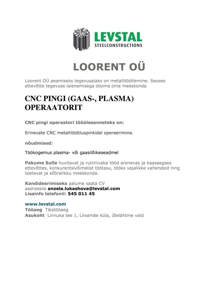 LOORENT OÜ CNC PINGI(gaas-, plasma)operaator