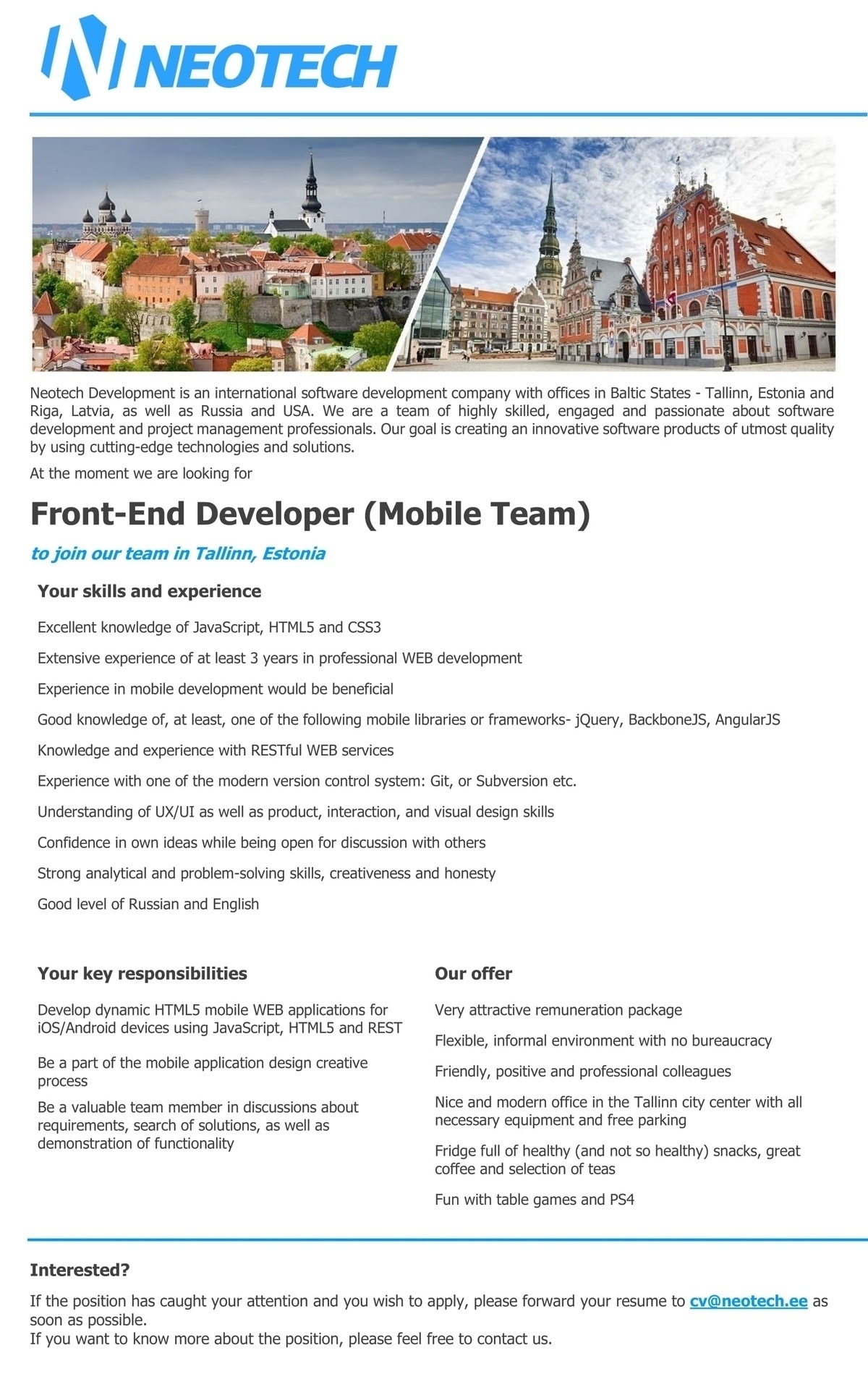 NEOTECH DEVELOPMENT OÜ Front-End Developer (Mobile Team)