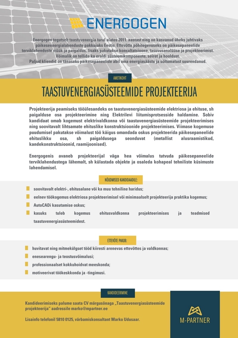M-Partner HR OÜ Taastuvenergiasüsteemide projekteerija