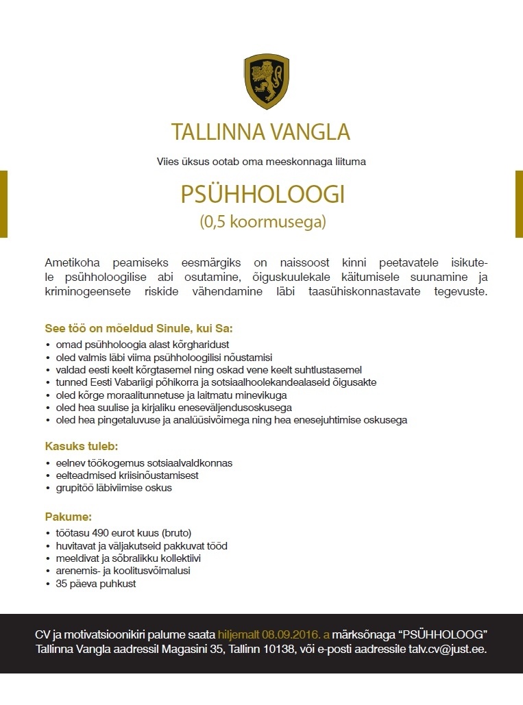 Tallinna Vangla Psühholoog (0,5 koormus)