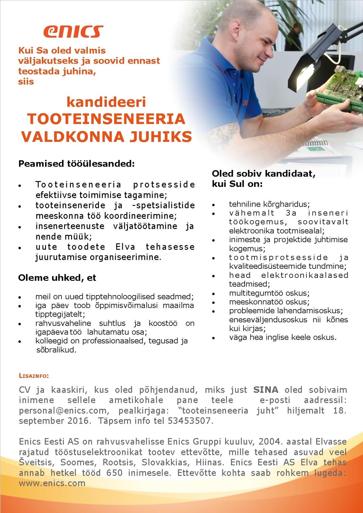 Enics Eesti AS Tooteinseneeria valdkonna juht