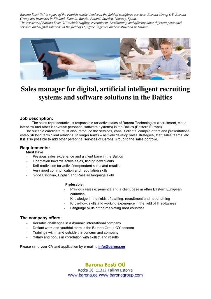 Barona Eesti OÜ Sales manager for digital, artificial intelligent recruiting sytems and software solutions in the Baltics