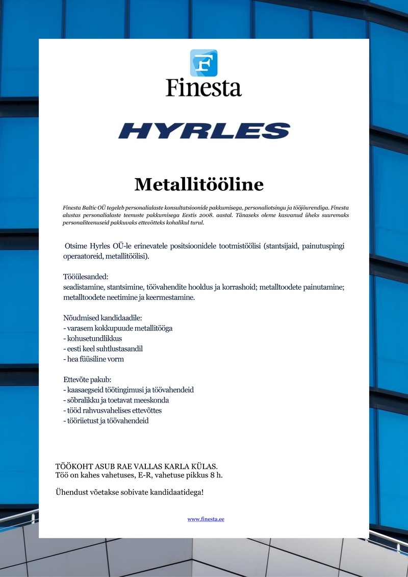 Finesta Baltic OÜ Metallitööline/Operaator
