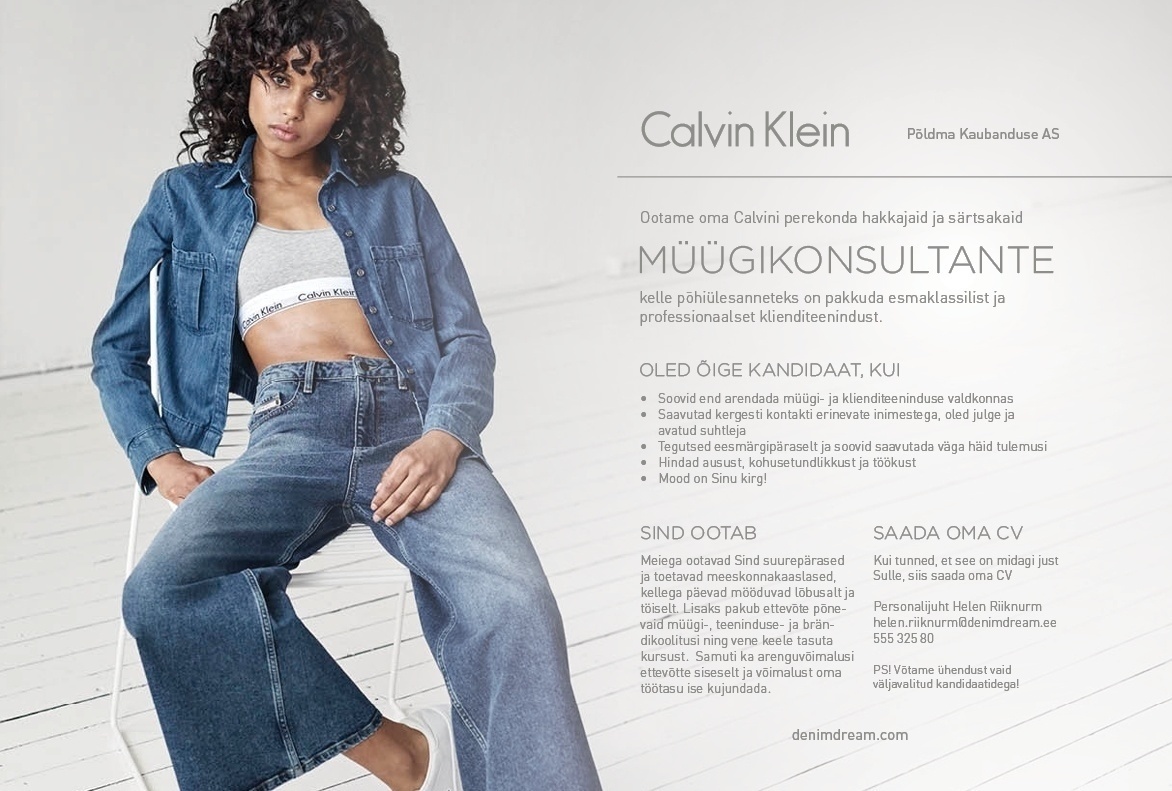 Põldma Kaubanduse AS Asjatundlik MÜÜGIKONSULTANT Calvin Kleini esinduskauplusesse