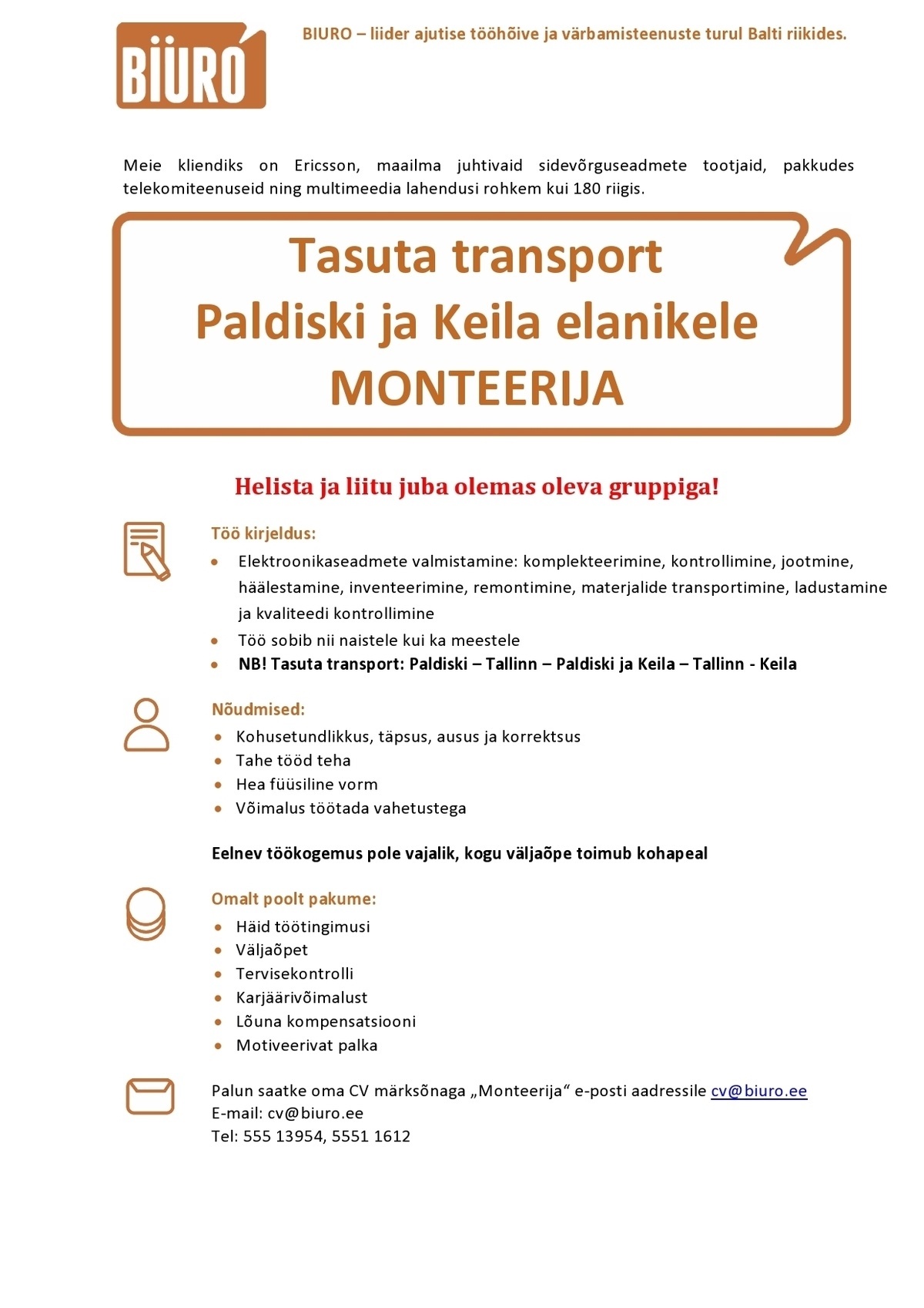 Biuro OÜ Monteerija (Tasuta transport Paldiskist ja Keilast)