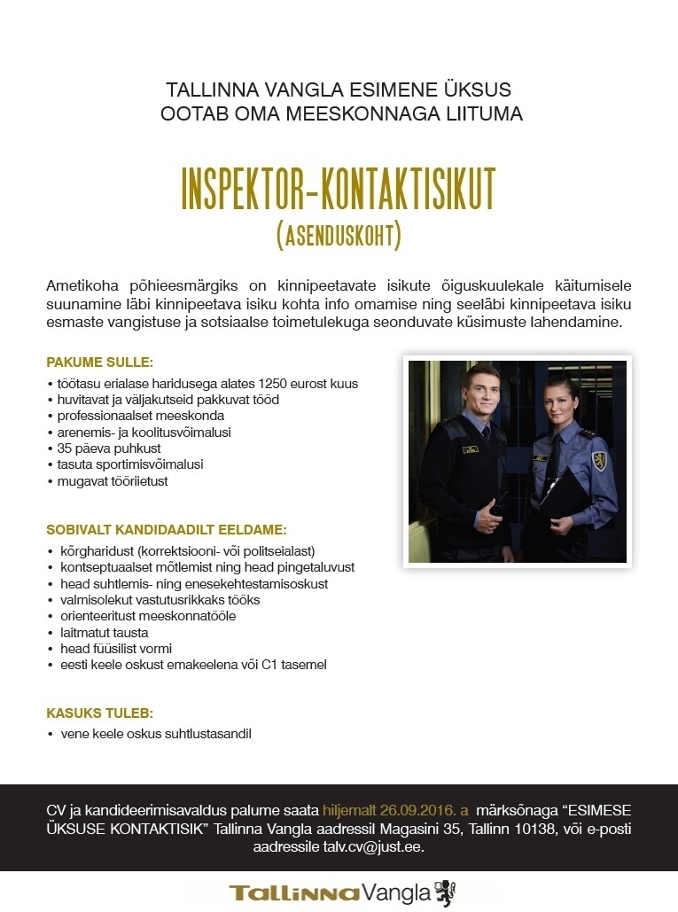 Tallinna Vangla Esimese üksuse inspektor-kontaktisik (asenduskoht)