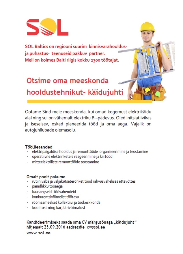 SOL Baltics OÜ Hooldustehnik-käidujuht
