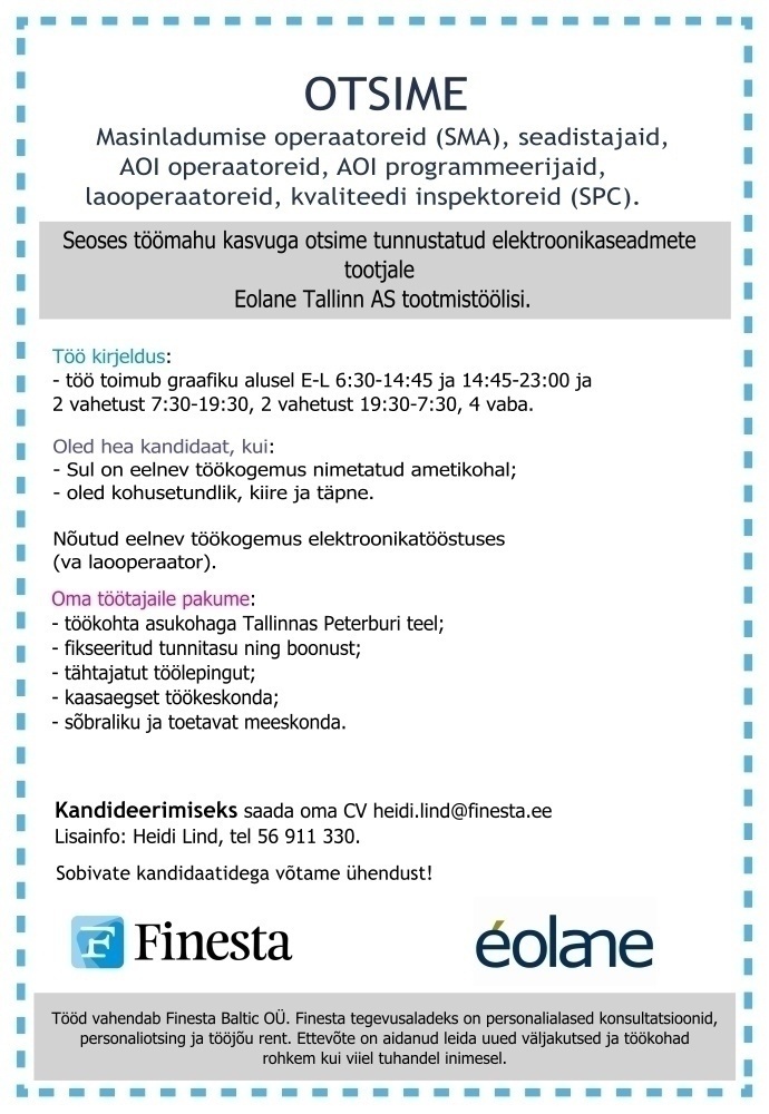 Finesta Baltic OÜ Tootmistööline