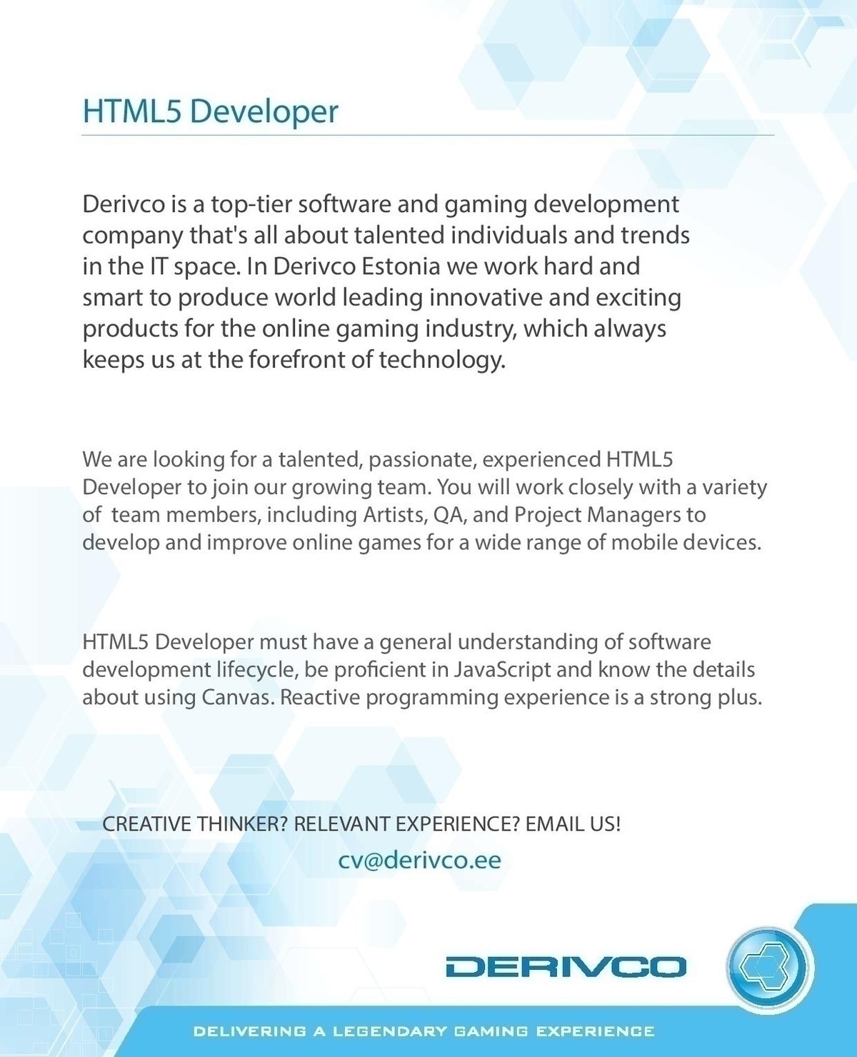 DERIVCO ESTONIA OÜ HTML5 Developer