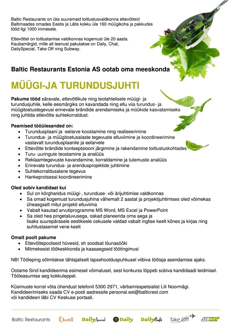 BALTIC RESTAURANTS ESTONIA AS Müügi-ja turundusjuht