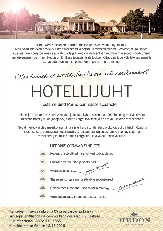 Supeluse Hotell OÜ Hedon SPA & HOTEL Hotellijuht