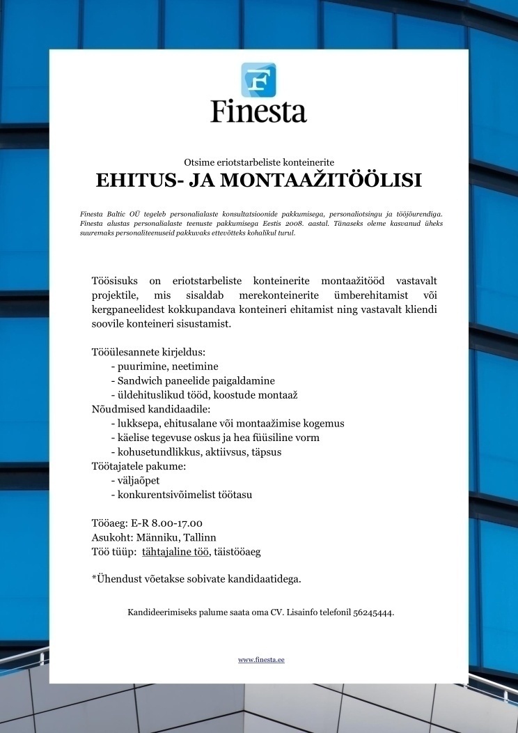 Finesta Baltic OÜ KONTEINERITE EHITUS-/MONTAAŽITÖÖLINE