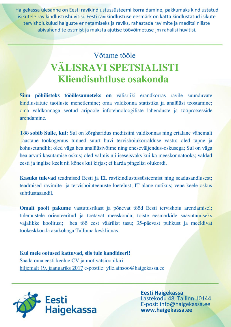 Eesti Haigekassa VÄLISRAVI SPETSIALIST
