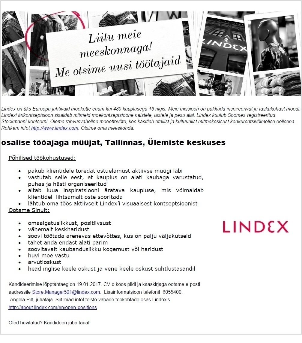 LINDEX EESTI OÜ Osalise tööajaga müüja, Tallinnas, Ülemiste keskuses