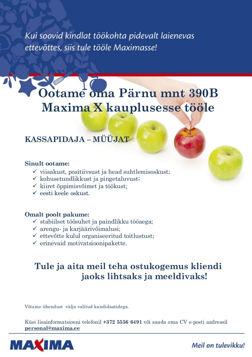 Maxima Eesti OÜ Kassapidaja-müüja Tallinna Maxima X kauplusesse