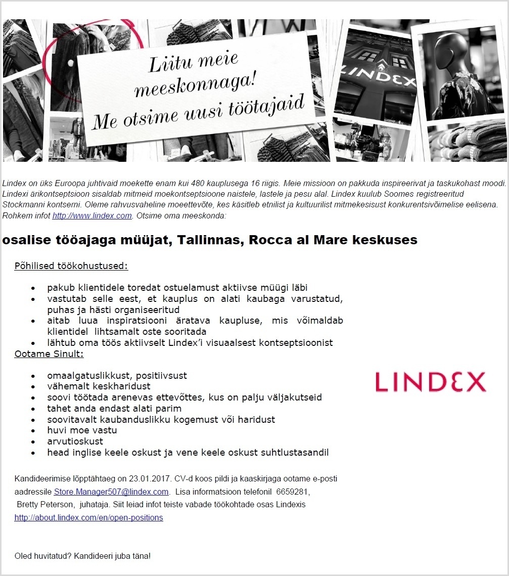 LINDEX EESTI OÜ Osalise tööajaga müüja, Tallinnas, Rocca al Mare keskuses