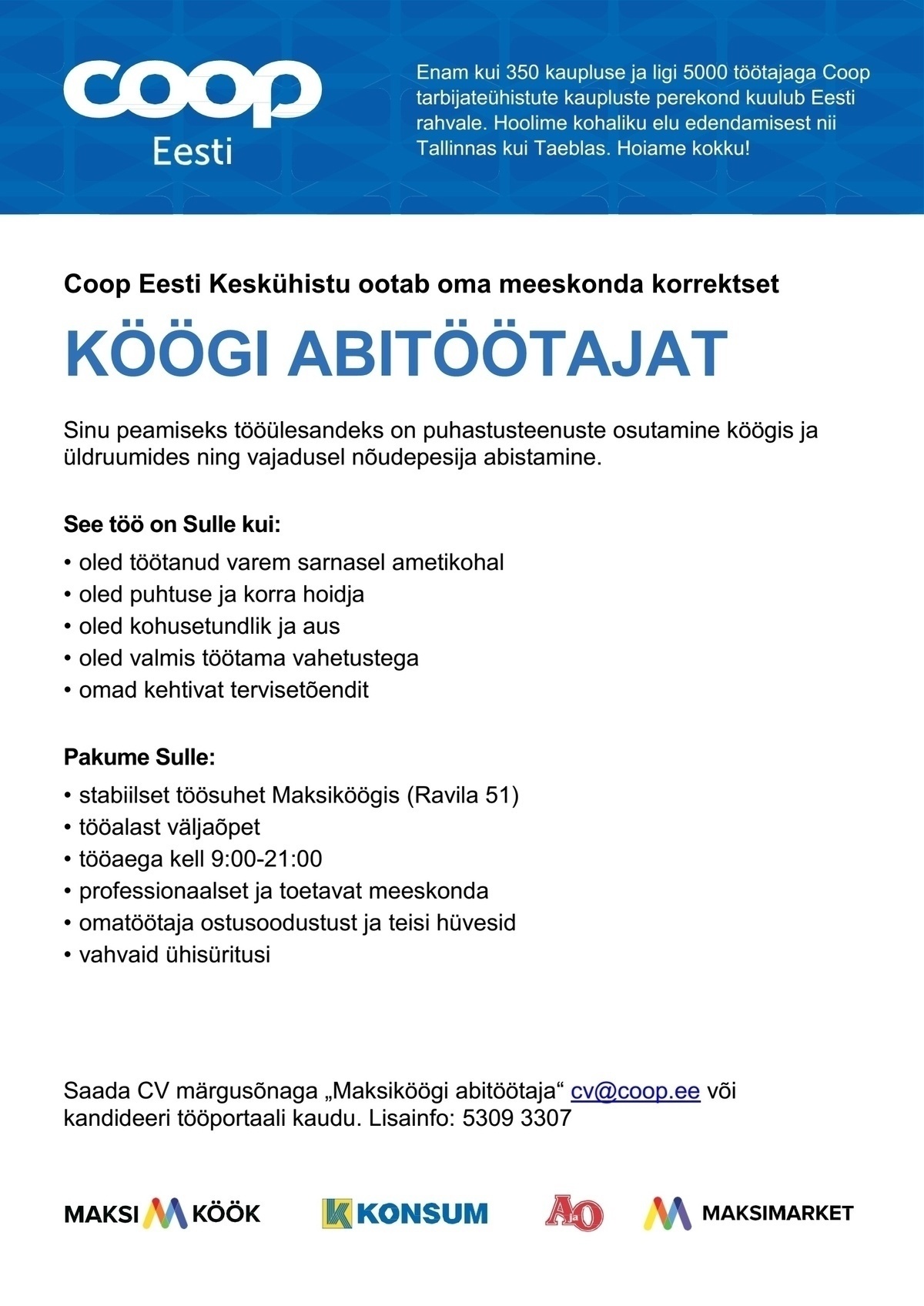 Coop Eesti Keskühistu Köögi abitöötaja (Maksiköök)