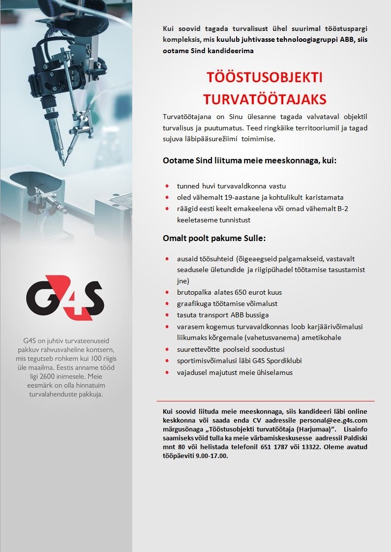 AS G4S Eesti Tööstusobjekti turvatöötaja (Harjumaa)