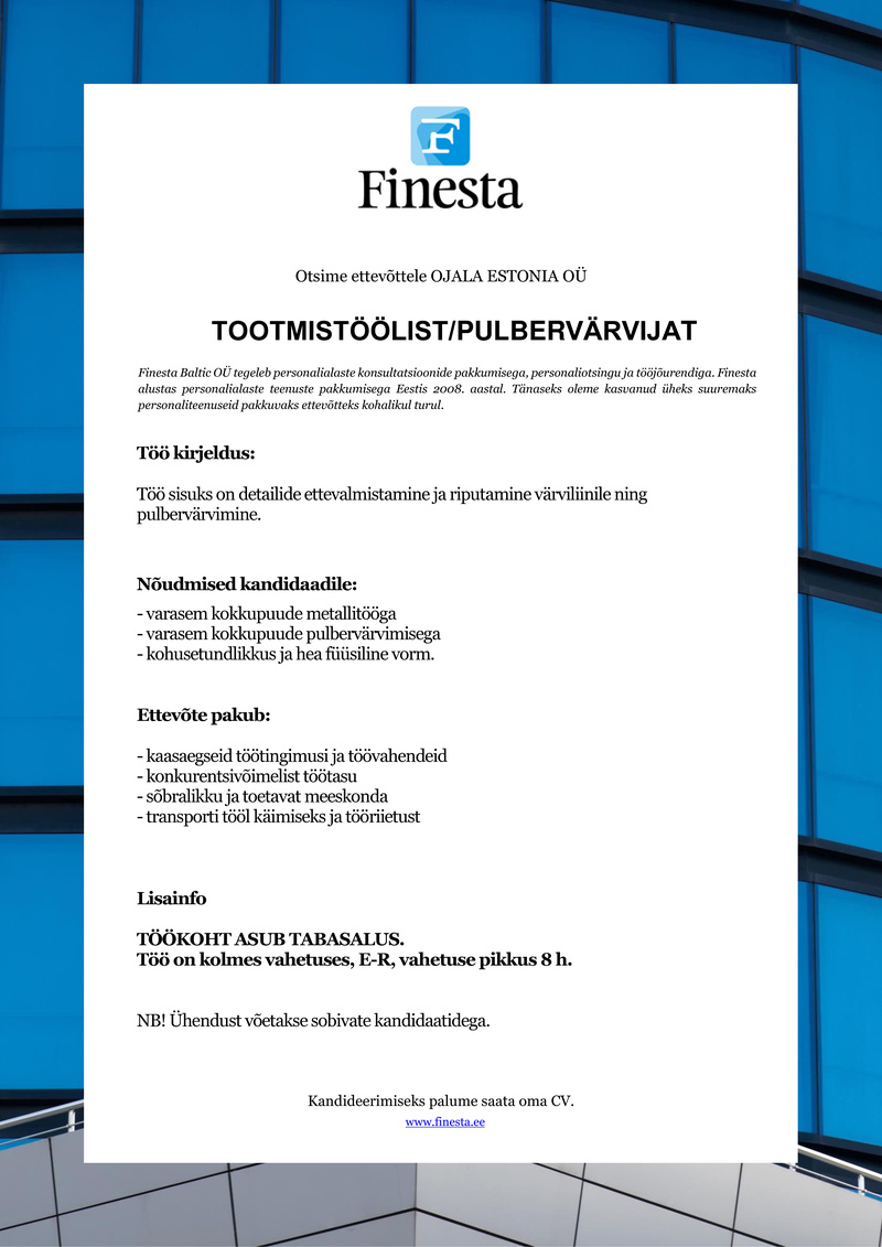Finesta Baltic OÜ Metallitööline/pulbervärvija