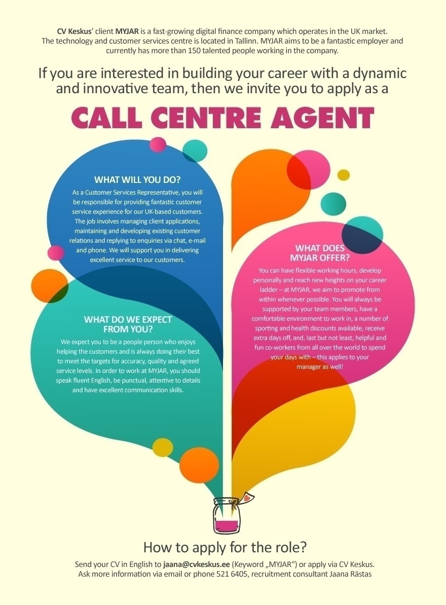 CV KESKUS OÜ MYJAR is hiring Call Centre Agents