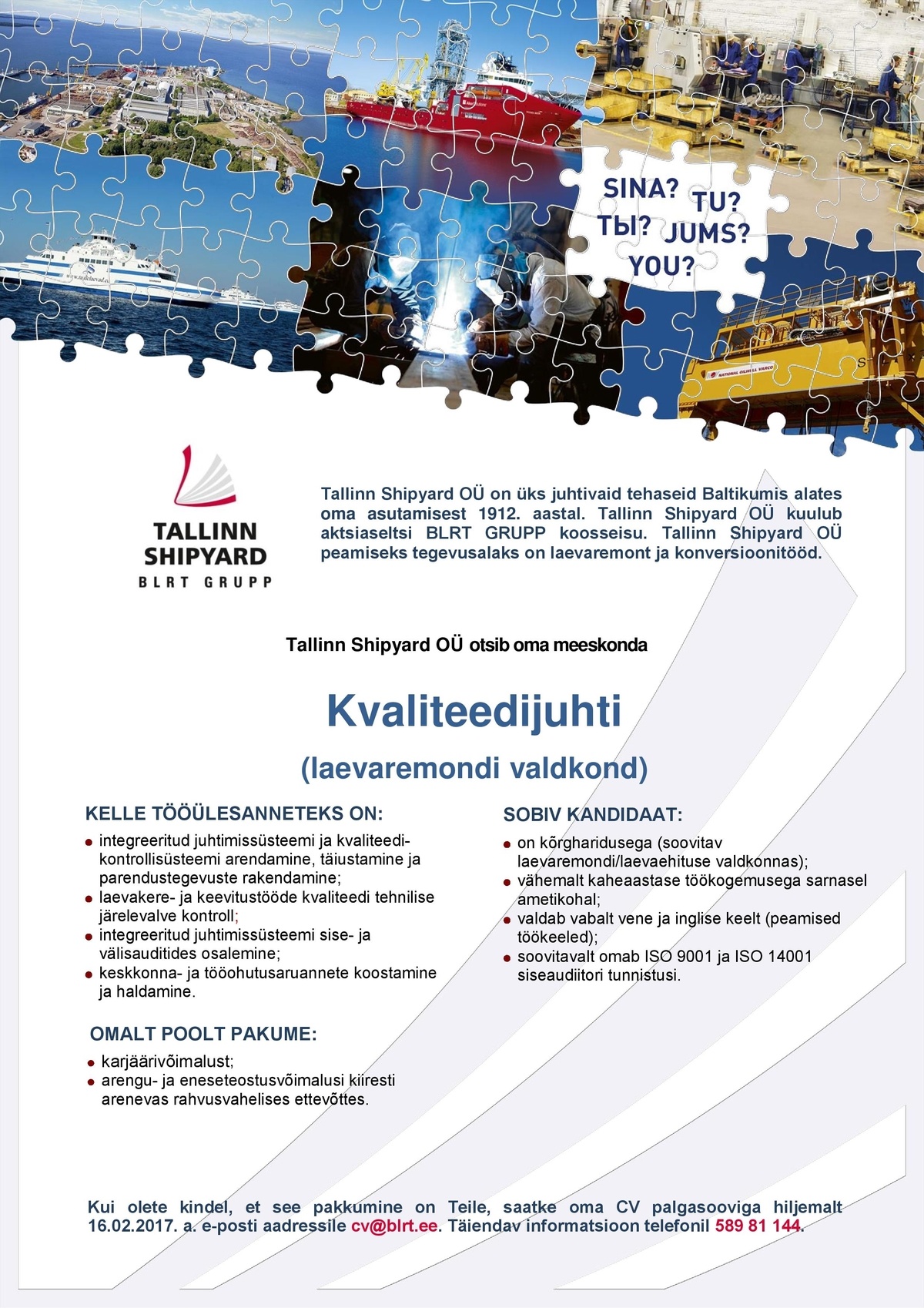 Tallinn Shipyard OÜ  Kvaliteedijuht (laevaremondi valdkond)
