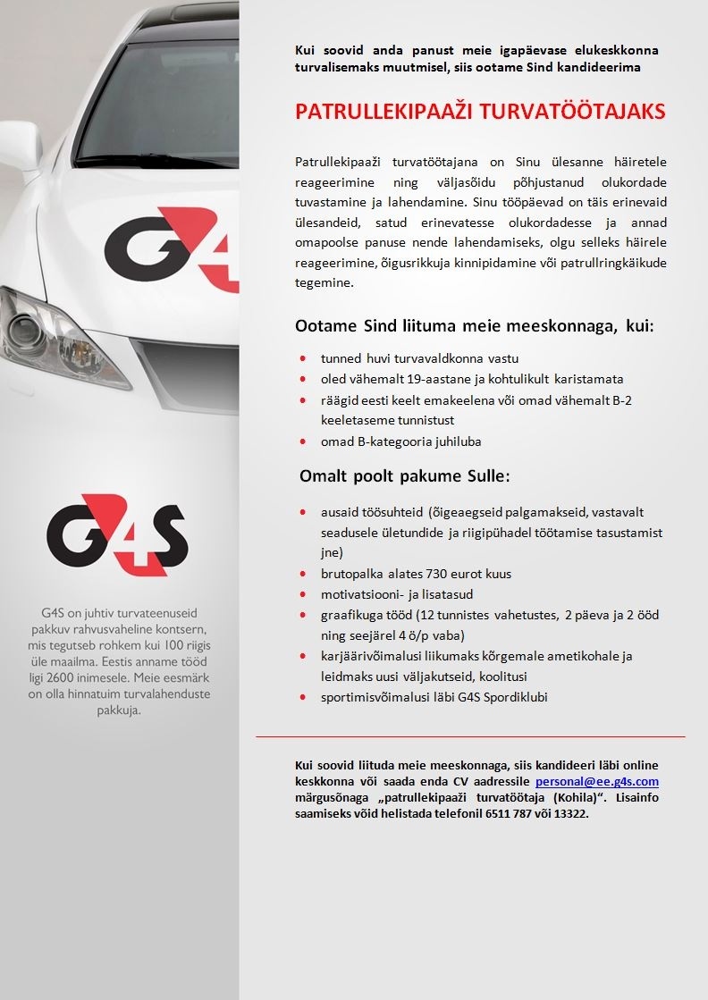 AS G4S Eesti Patrullekipaaži turvatöötaja (Kohila)