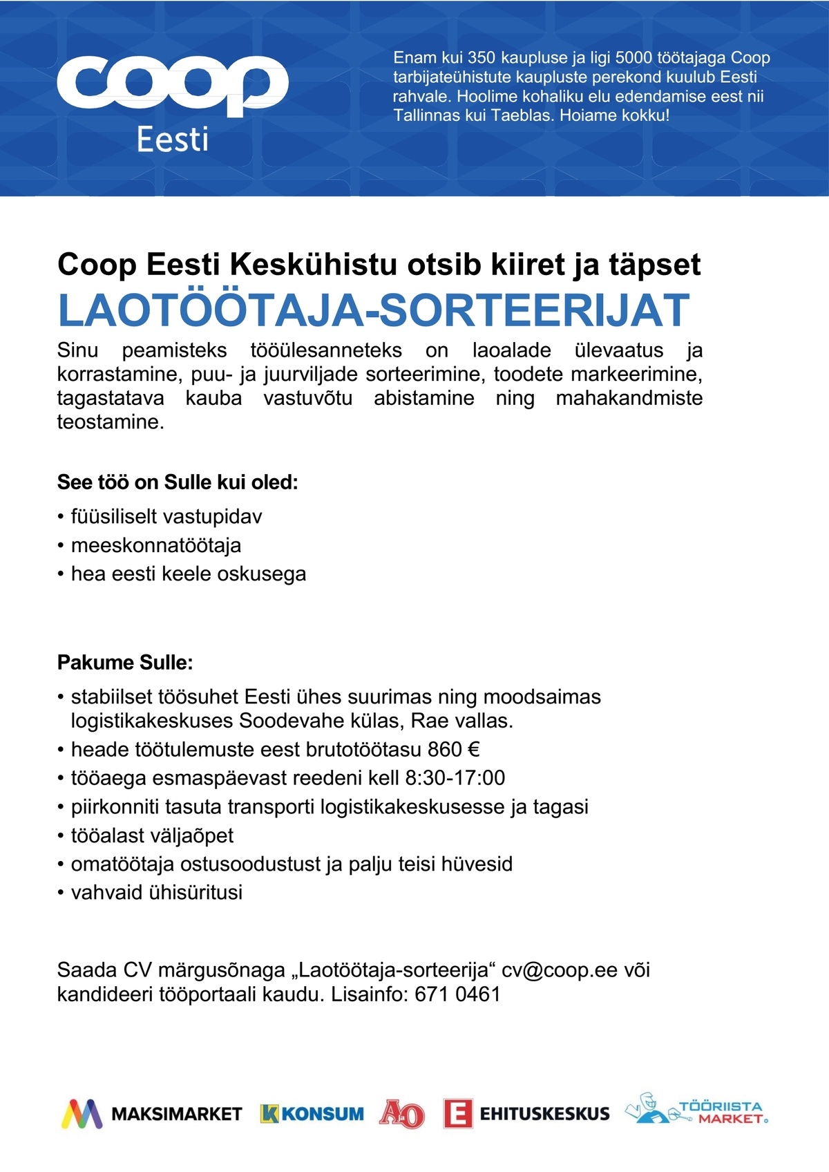 Coop Eesti Keskühistu Laotöötaja-sorteerija (jaheladu)