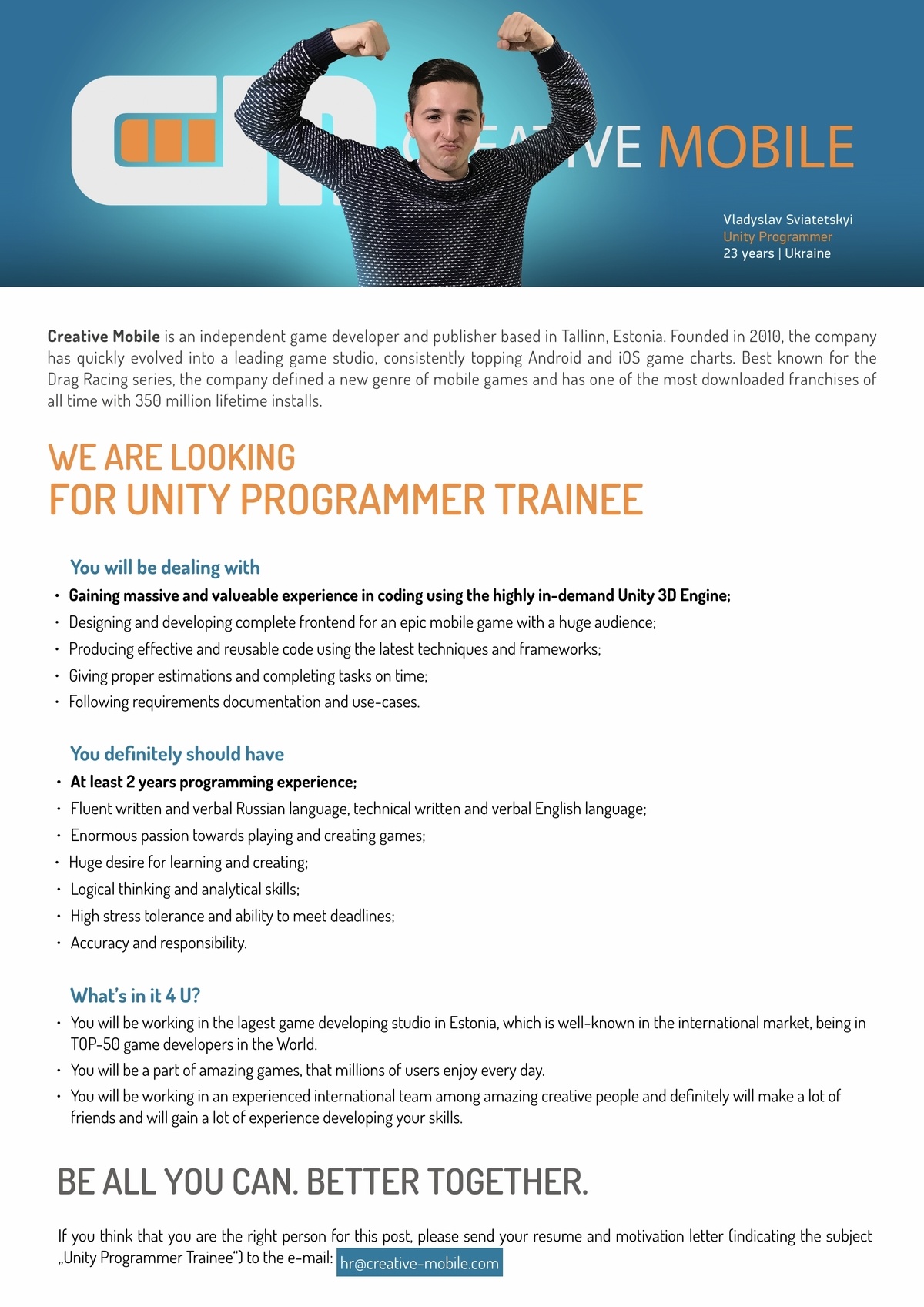 Creative Mobile OÜ Unity Programmer Trainee